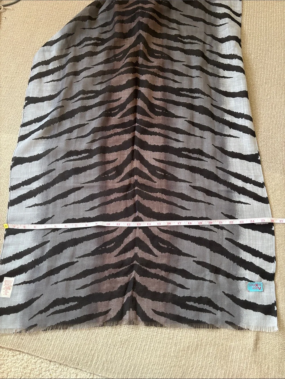 Vintage Kenzo Zebra-Stripe Lightweight Wool Scarf in Gray and Black